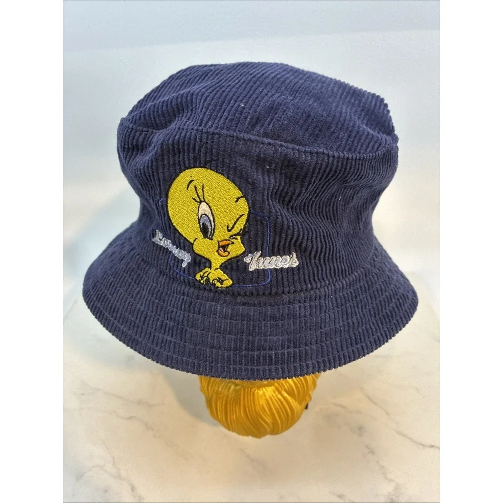 Y2K Tweety Bird Looney Tunes Corduroy Bucket Hat Size M Vintage Cartoon Brim Cap